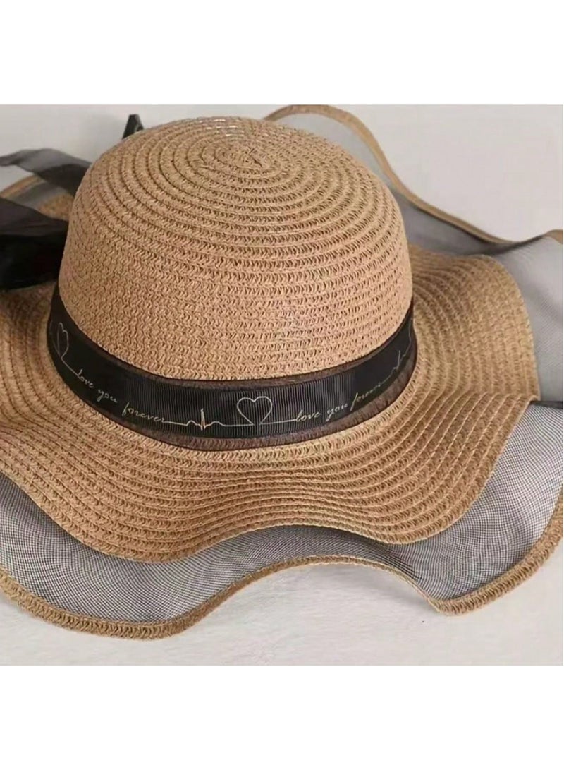 SHEIN Polyester Wide Brim Sun Hat For Women, Casual Beach Straw Hat With Bowknot & Letter Decor - Image 4